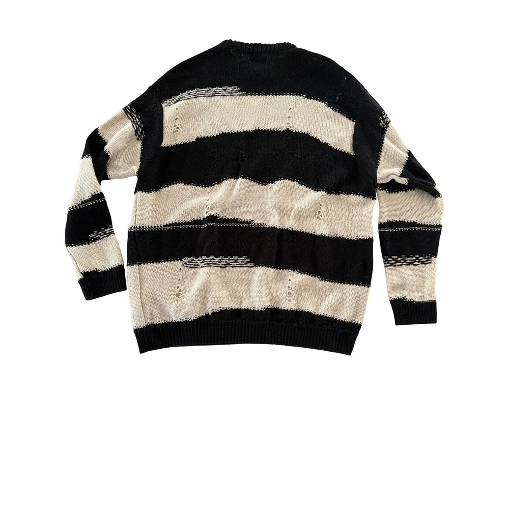 Zara Oversized Striped Distressed Knit Sweater Black Cream Grunge Punk Medium